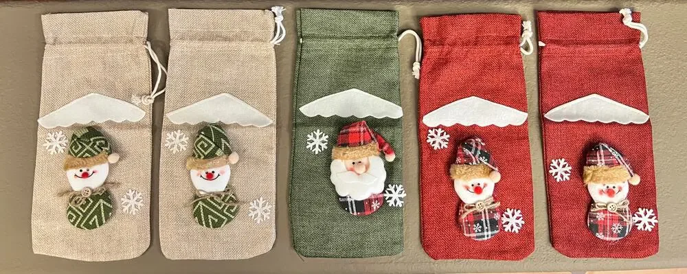 Set of 5 Christmas Wine Olive Oil Bottle Gift Bags Santa Snowman Holiday Decor